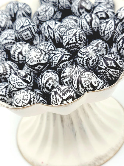 15mm Printed Black & White Aztec Diamond Silicone Bead – Western Round Beads for Pens & Wristlets