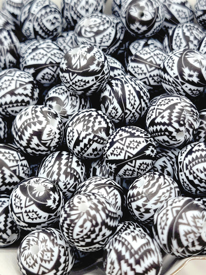 15mm Printed Black & White Aztec Diamond Silicone Bead – Western Round Beads for Pens & Wristlets