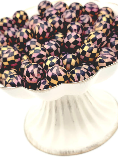 15mm Printed Sunset Glitter Black Check Silicone Bead – Checkered Round Beads for Pens & Wristlets