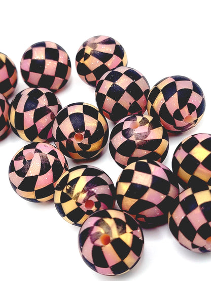 15mm Printed Sunset Glitter Black Check Silicone Bead – Checkered Round Beads for Pens & Wristlets