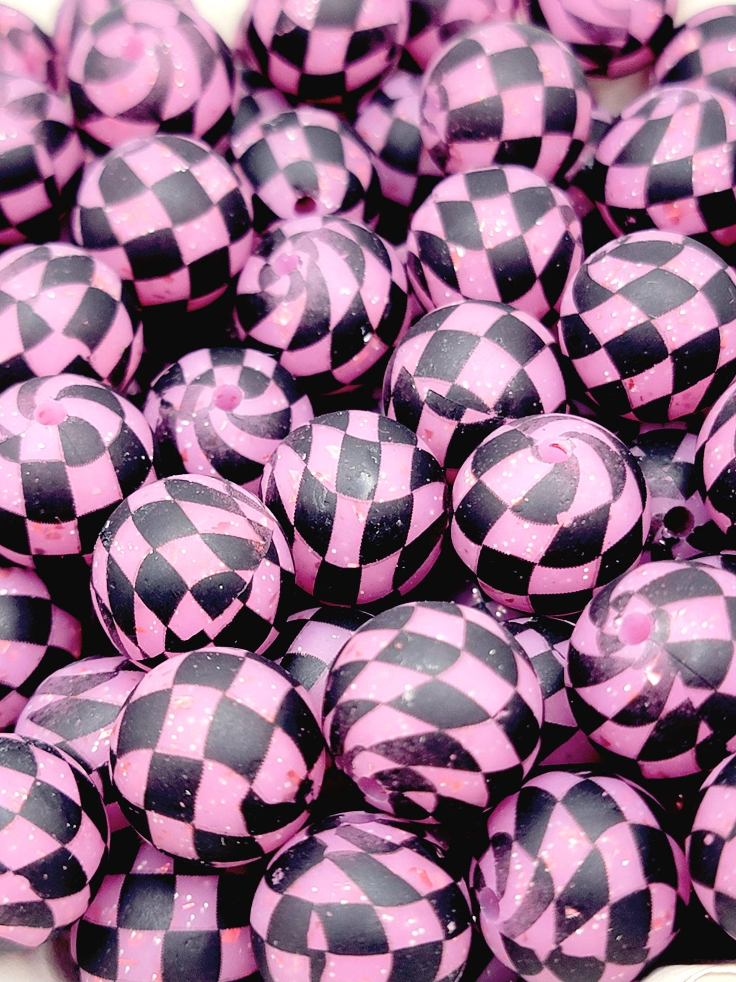 15mm Printed Pink Glitter Black Checkered Bead - Checkered Silicone Round Spacer Beads for Pens & Wristlets
