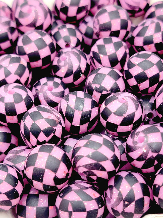 15mm Printed Pink Glitter Black Checkered Bead - Checkered Silicone Round Spacer Beads for Pens & Wristlets