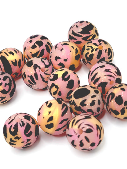 15mm Printed Sunset Glitter Leopard Silicone Bead – Pink Gold Glitter Print Beads for Pens & Wristlets