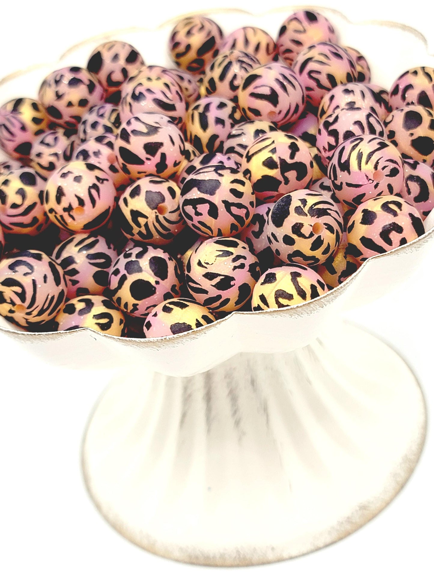 15mm Printed Sunset Glitter Leopard Silicone Bead – Pink Gold Glitter Print Beads for Pens & Wristlets