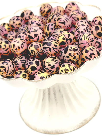15mm Printed Sunset Glitter Leopard Silicone Bead – Pink Gold Glitter Print Beads for Pens & Wristlets