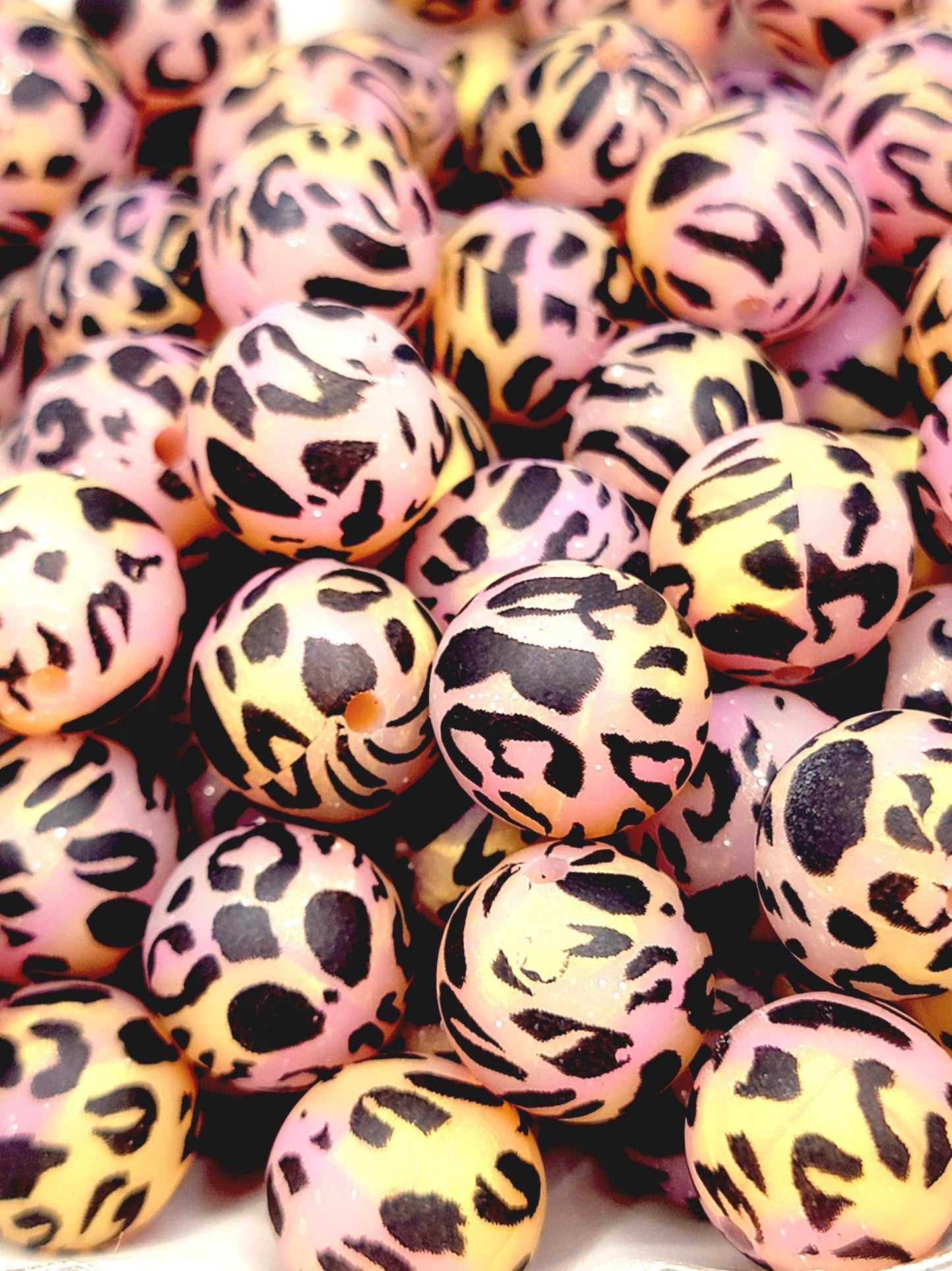 15mm Printed Sunset Glitter Leopard Silicone Bead – Pink Gold Glitter Print Beads for Pens & Wristlets