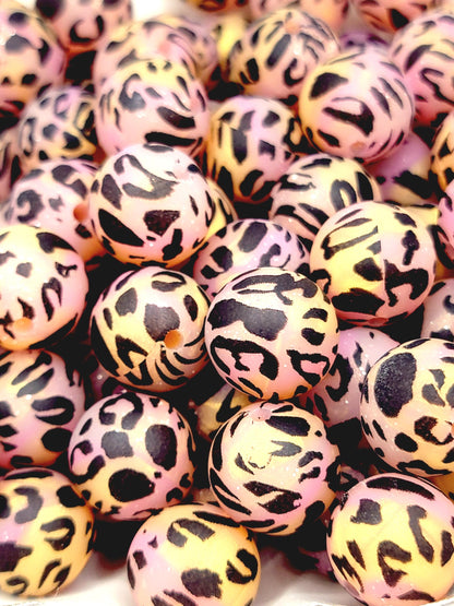 15mm Printed Sunset Glitter Leopard Silicone Bead – Pink Gold Glitter Print Beads for Pens & Wristlets