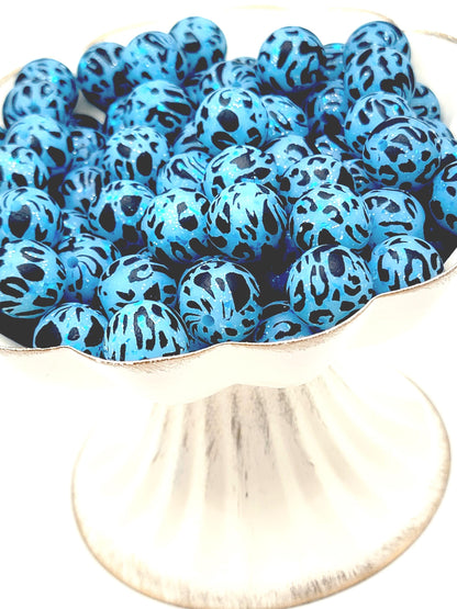 15mm Printed Blue Glitter Leopard Print Silicone Bead – Animal Print Round Beads for Pens & Wristlets