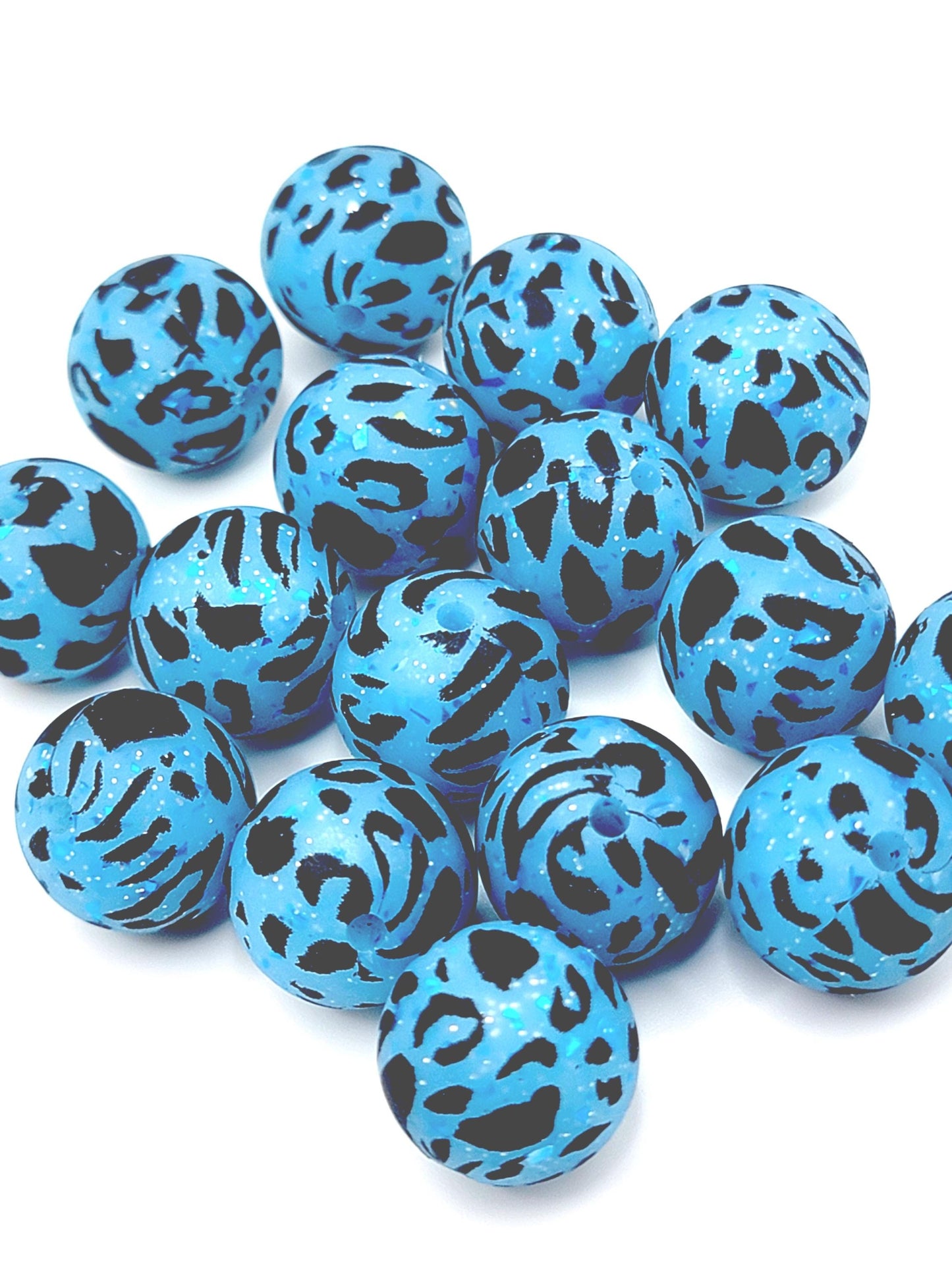 15mm Printed Blue Glitter Leopard Print Silicone Bead – Animal Print Round Beads for Pens & Wristlets