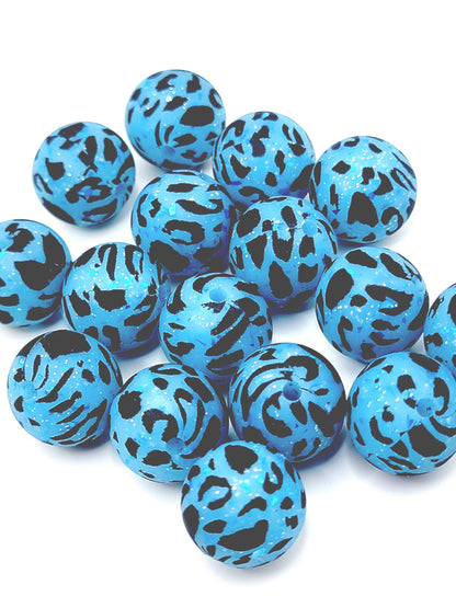 15mm Printed Blue Glitter Leopard Print Silicone Bead – Animal Print Round Beads for Pens & Wristlets