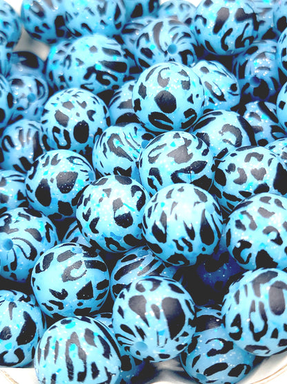 15mm Printed Blue Glitter Leopard Print Silicone Bead – Animal Print Round Beads for Pens & Wristlets