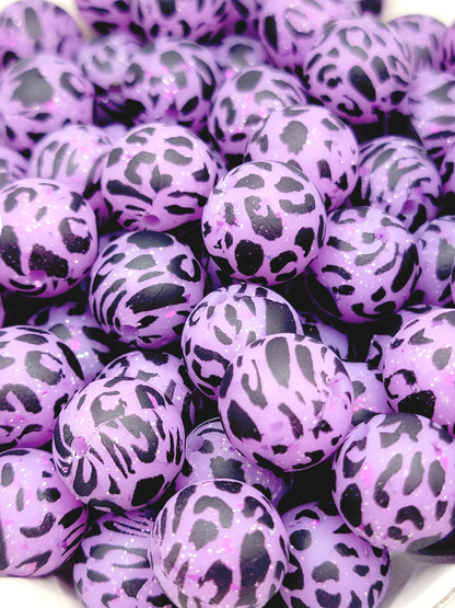 15mm Printed Purple Glitter Leopard Silicone Bead – Purple Animal Print Beads for Pens & Wristlets