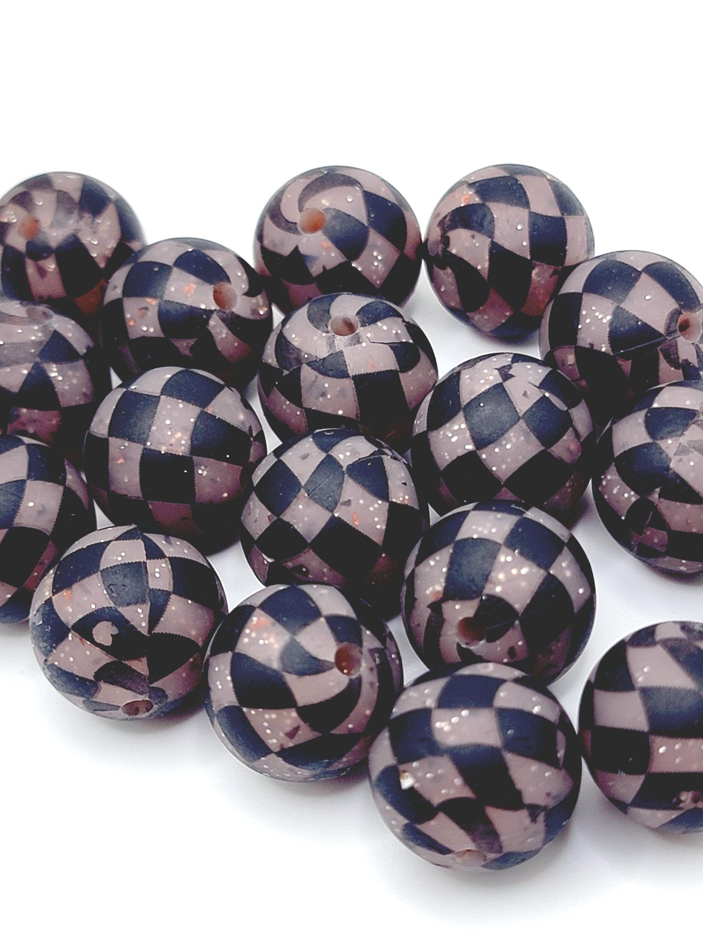 15mm Printed Brown Glitter Black Checkered Bead – Checkered Silicone Round Spacer Beads for Pens & Wristlets