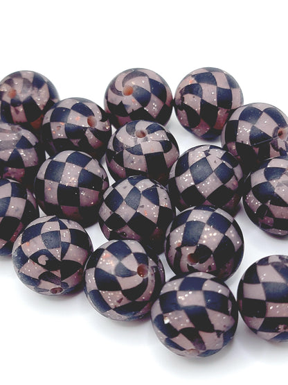 15mm Printed Brown Glitter Black Checkered Bead – Checkered Silicone Round Spacer Beads for Pens & Wristlets