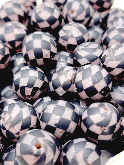 15mm Printed Brown Glitter Black Checkered Bead – Checkered Silicone Round Spacer Beads for Pens & Wristlets