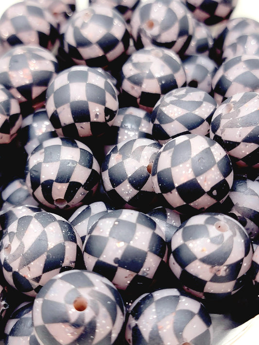15mm Printed Brown Glitter Black Checkered Bead – Checkered Silicone Round Spacer Beads for Pens & Wristlets