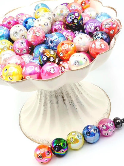 16mm Iridescent Shimmer Acrylic Beads with Rhinestones (Set of 10)