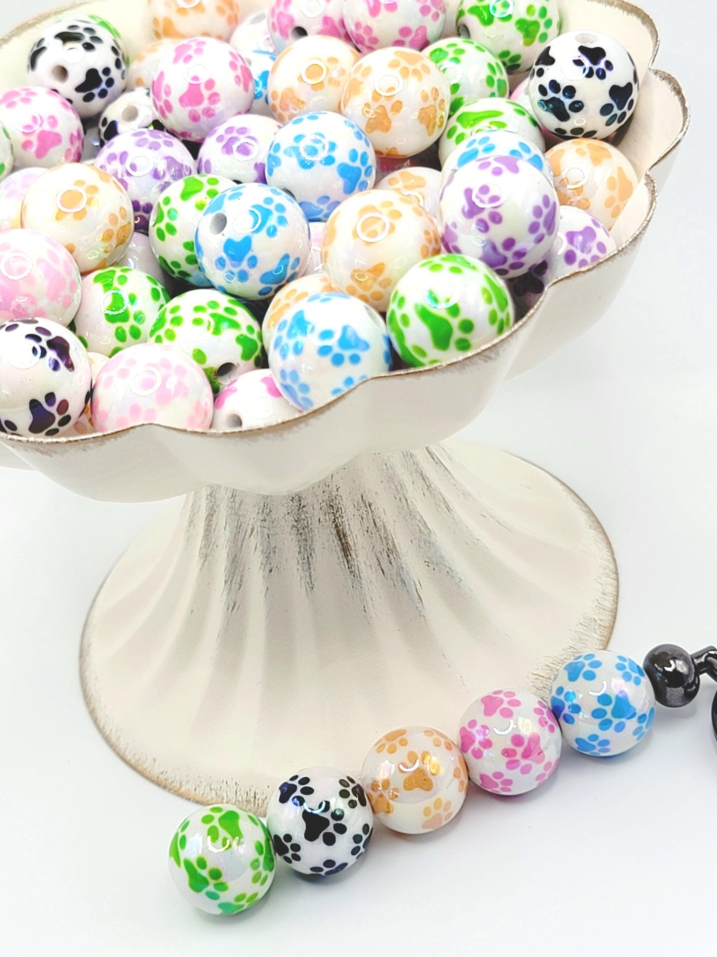 16mm Paw Print Acrylic Round Beads (Set of 10) - White Color Series