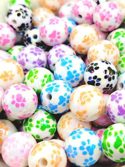 16mm Paw Print Acrylic Round Beads (Set of 10) - White Color Series