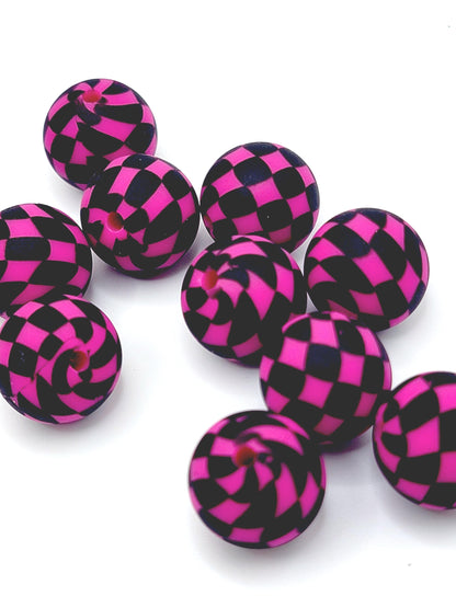 15mm Printed Hot Pink and Black Checkered Print Silicone Bead – Checker Round Pet Beads for Pens & Wristlets
