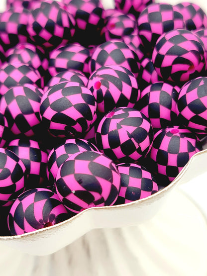 15mm Printed Hot Pink and Black Checkered Print Silicone Bead – Checker Round Pet Beads for Pens & Wristlets