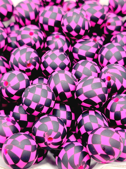15mm Printed Hot Pink and Black Checkered Print Silicone Bead – Checker Round Pet Beads for Pens & Wristlets