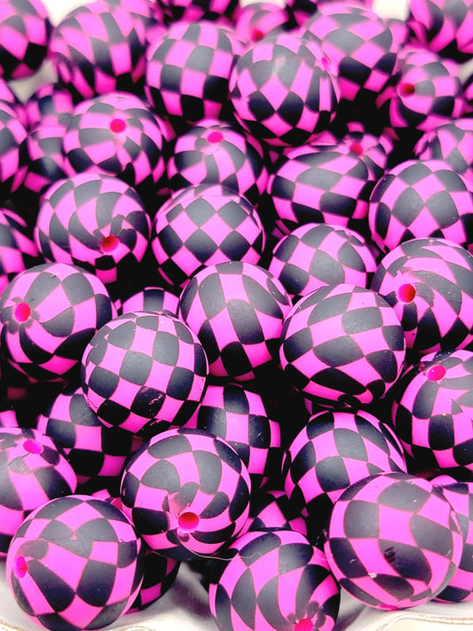 15mm Printed Hot Pink and Black Checkered Print Silicone Bead – Checker Round Pet Beads for Pens & Wristlets
