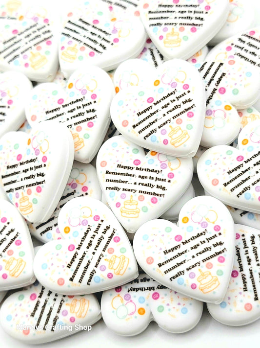Funny Birthday Heart Focal Bead – Age Is Just A Number Birthday Printed Silicone Pen Bead (Set of 2)