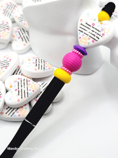 Funny Birthday Heart Focal Bead – Age Is Just A Number Birthday Printed Silicone Pen Bead (Set of 2)