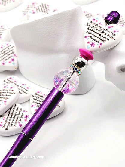 Besties Heart Focal Bead – Printed Silicone Best Friend & Coworker Pen Bead (Set of 2)