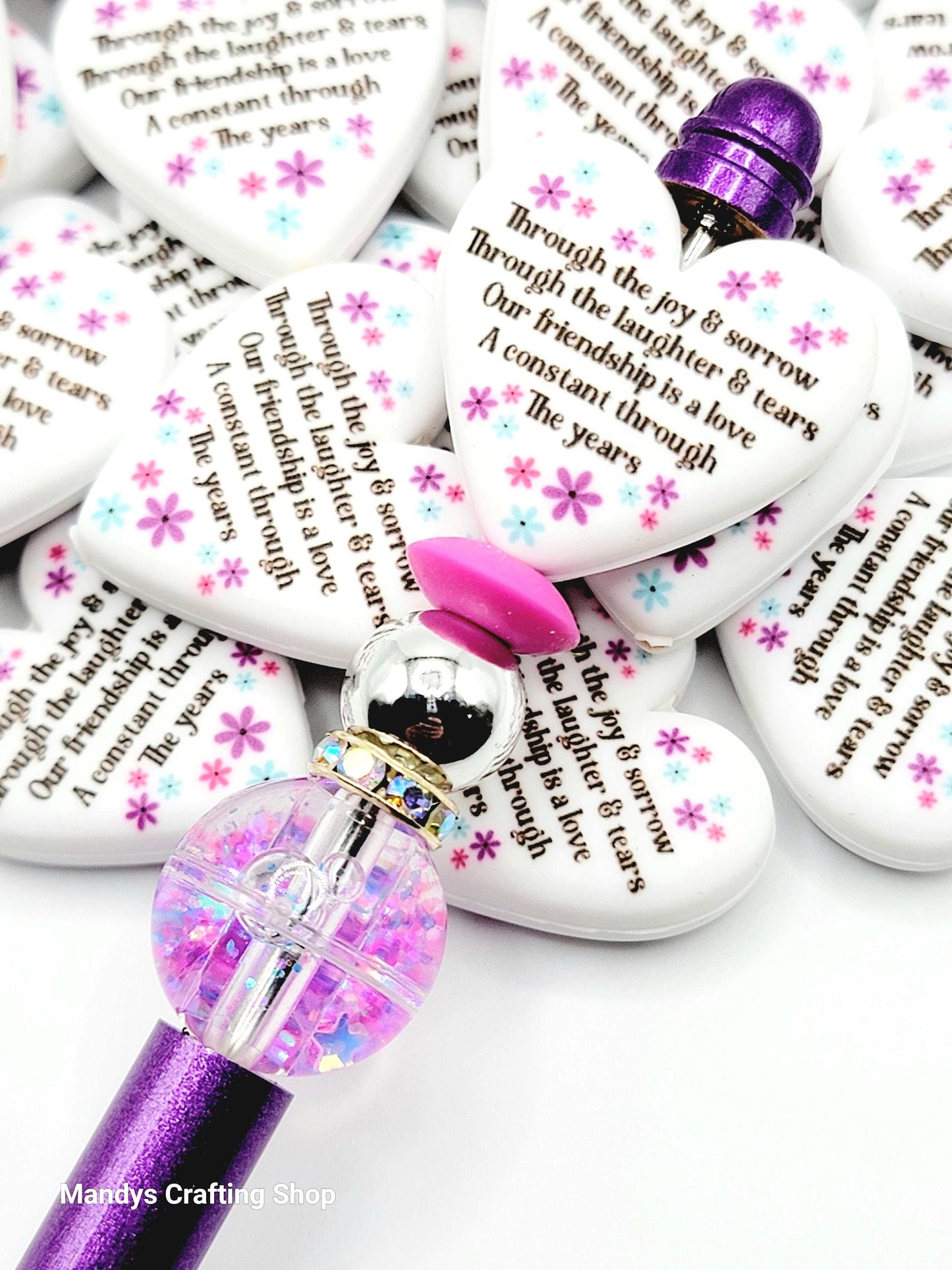 Besties Heart Focal Bead – Printed Silicone Best Friend & Coworker Pen Bead (Set of 2)