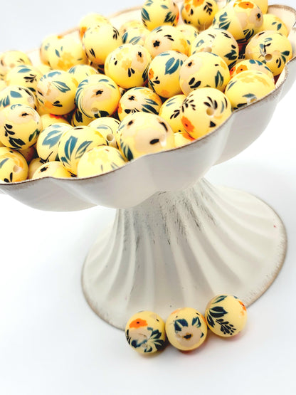 15mm Printed Yellow & Green Summer Floral Silicone Bead – Flower Round Beads for Pens & Wristlets