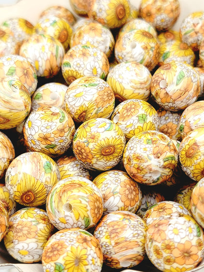 15mm Printed Yellow Sunflower Garden Floral Silicone Bead – Flower Round Beads for Pens & Wristlets