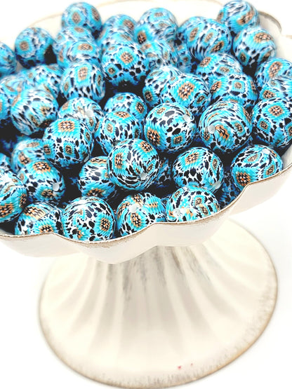 15mm Printed Aztec Turquoise Cow Print Silicone Bead – Round Western Print Bead for Pens, Wristlets & DIY Crafts