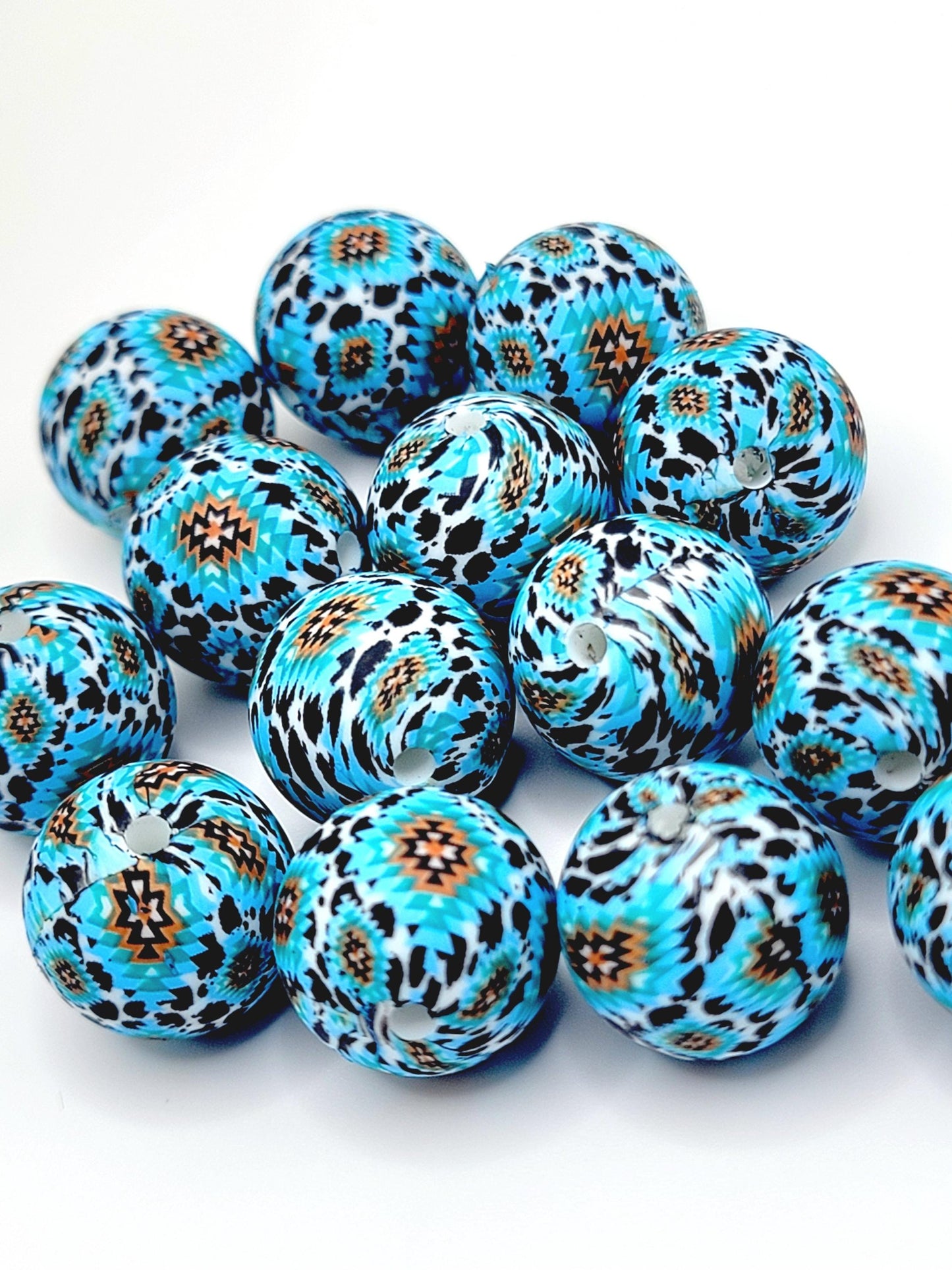 15mm Printed Aztec Turquoise Cow Print Silicone Bead – Round Western Print Bead for Pens, Wristlets & DIY Crafts