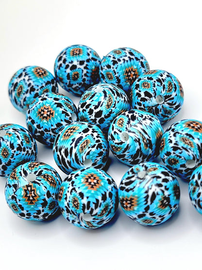 15mm Printed Aztec Turquoise Cow Print Silicone Bead – Round Western Print Bead for Pens, Wristlets & DIY Crafts