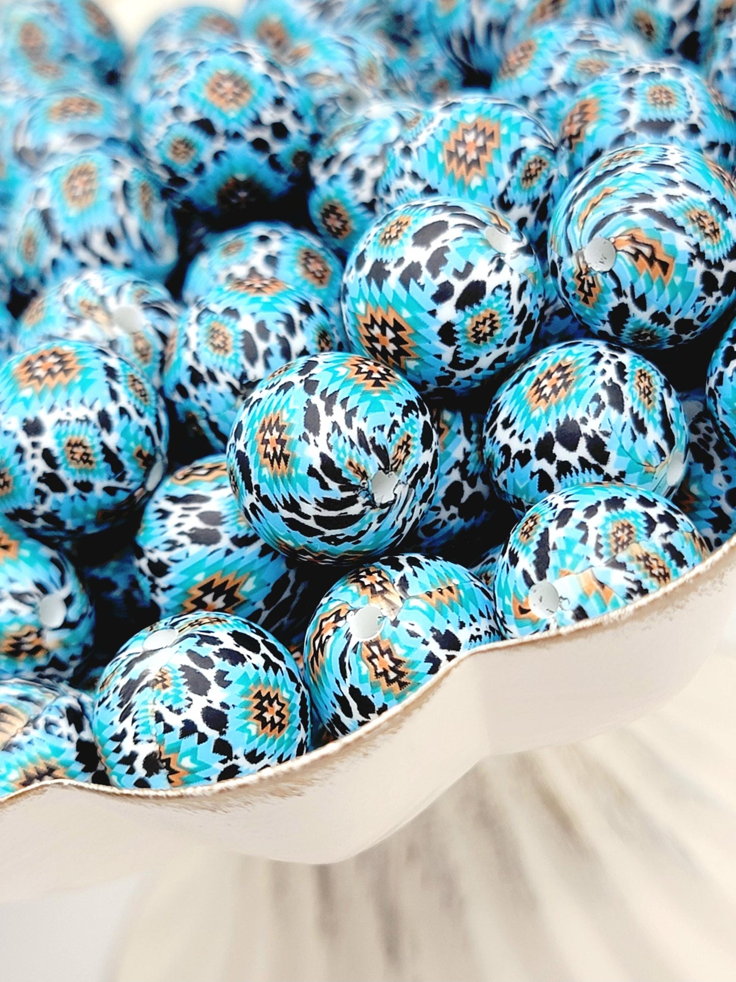 15mm Printed Aztec Turquoise Cow Print Silicone Bead – Round Western Print Bead for Pens, Wristlets & DIY Crafts