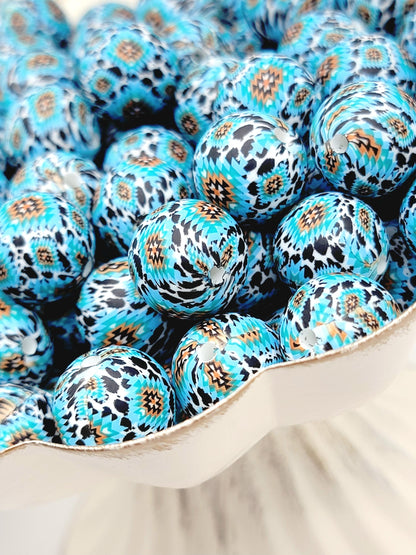 15mm Printed Aztec Turquoise Cow Print Silicone Bead – Round Western Print Bead for Pens, Wristlets & DIY Crafts