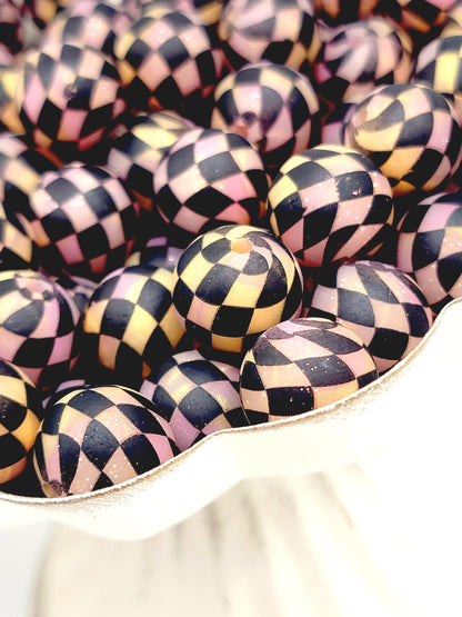 15mm Printed Sunset Glitter Black Check Silicone Bead – Checkered Round Beads for Pens & Wristlets