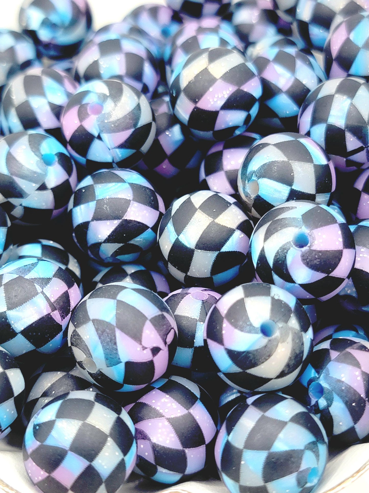 15mm Printed Galaxy Glitter Black Check Silicone Bead – Retro Checkered Round Beads for Pens & Wristlets