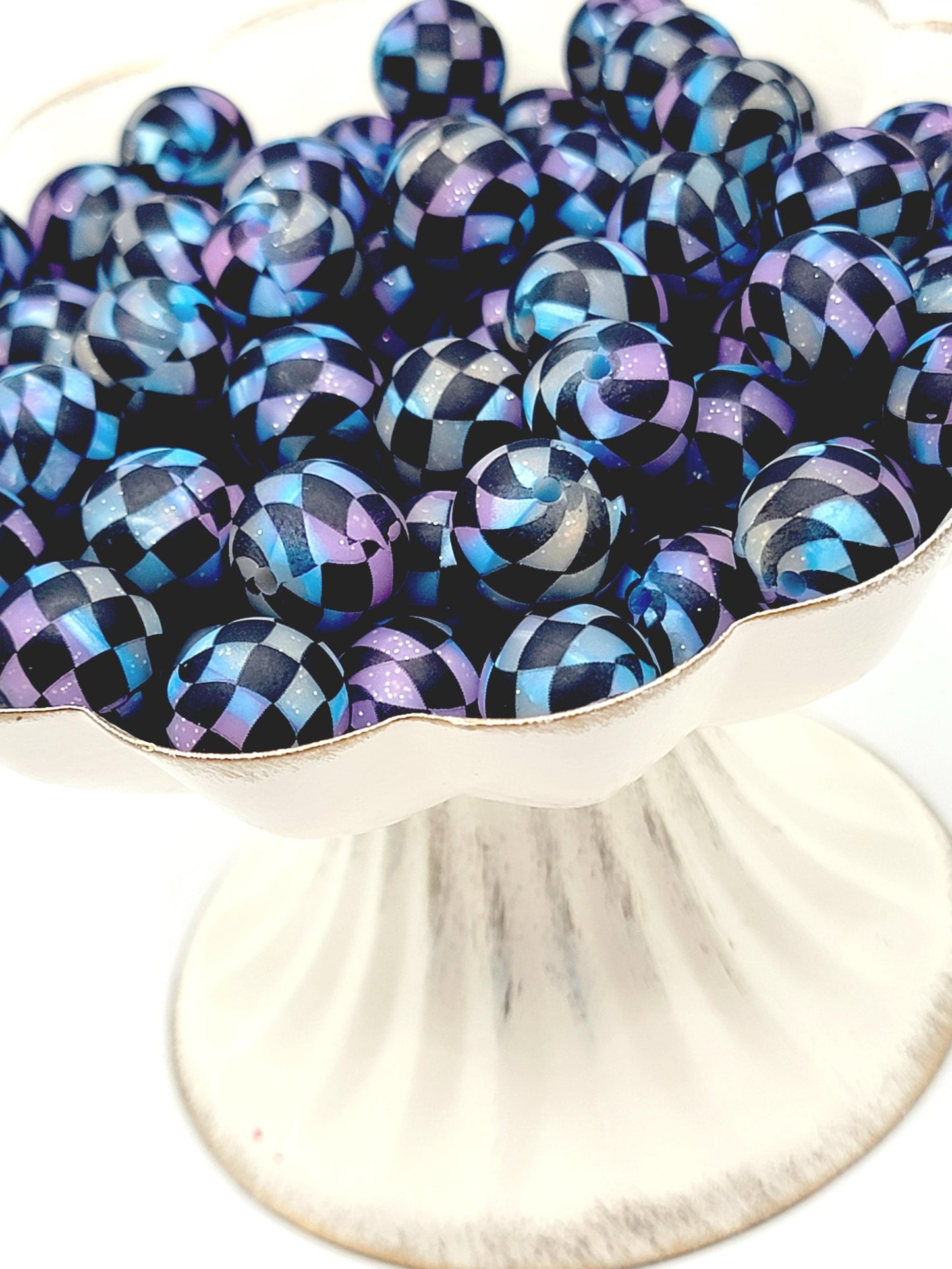 15mm Printed Galaxy Glitter Black Check Silicone Bead – Retro Checkered Round Beads for Pens & Wristlets