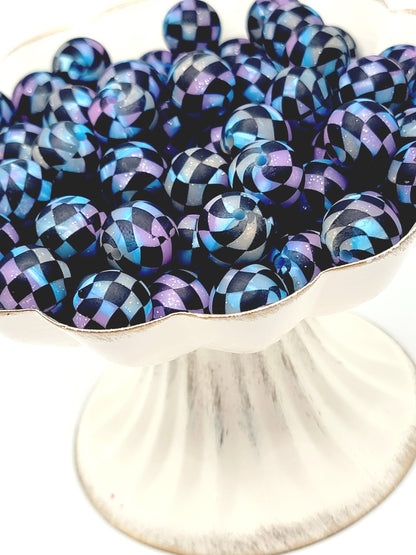 15mm Printed Galaxy Glitter Black Check Silicone Bead – Retro Checkered Round Beads for Pens & Wristlets