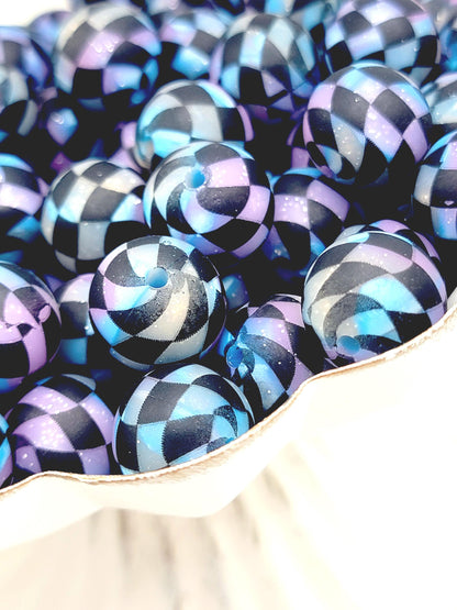 15mm Printed Galaxy Glitter Black Check Silicone Bead – Retro Checkered Round Beads for Pens & Wristlets