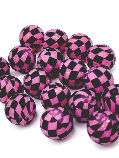 15mm Printed Pink Glitter Black Checkered Bead - Checkered Silicone Round Spacer Beads for Pens & Wristlets