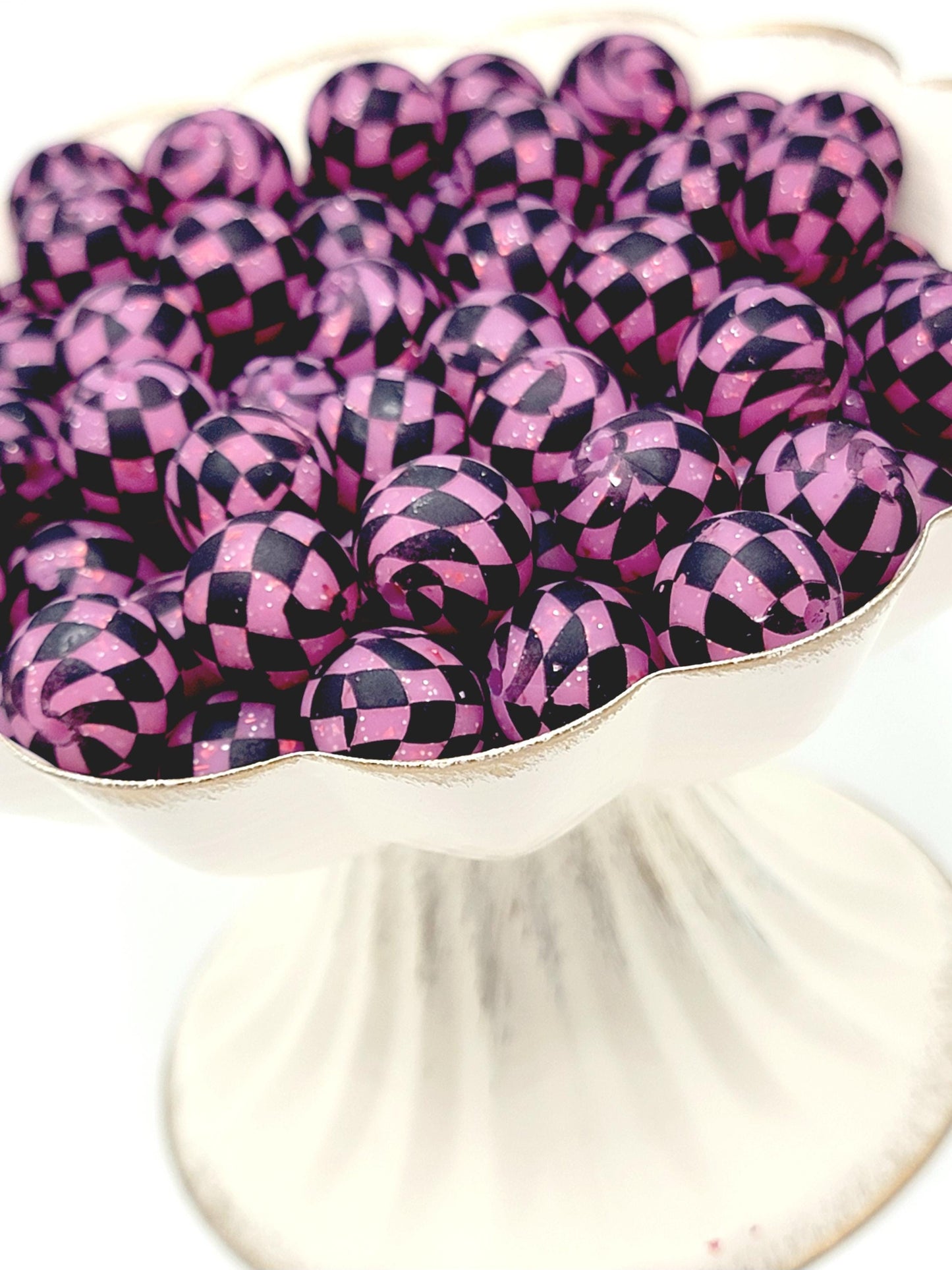 15mm Printed Pink Glitter Black Checkered Bead - Checkered Silicone Round Spacer Beads for Pens & Wristlets