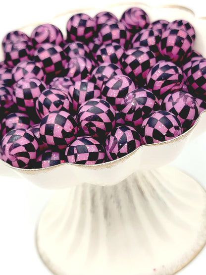 15mm Printed Pink Glitter Black Checkered Bead - Checkered Silicone Round Spacer Beads for Pens & Wristlets