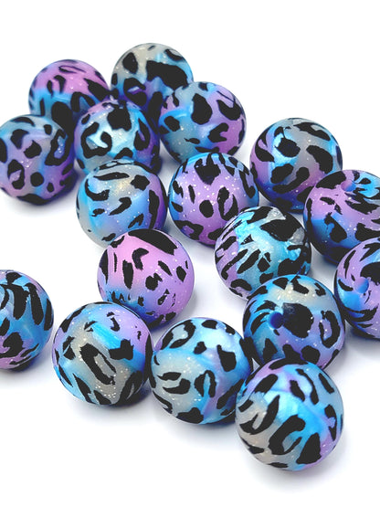 15mm Printed Galaxy Glitter Leopard Silicone Bead – Purple Pink Blue Gold Shimmer Leopard Print Beads for Pens & Wristlets