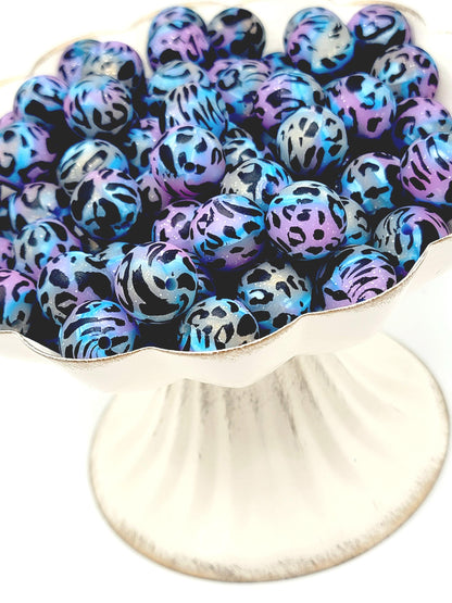 15mm Printed Galaxy Glitter Leopard Silicone Bead – Purple Pink Blue Gold Shimmer Leopard Print Beads for Pens & Wristlets