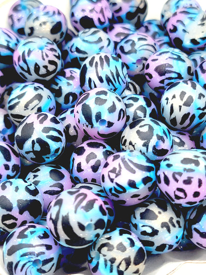 15mm Printed Galaxy Glitter Leopard Silicone Bead – Purple Pink Blue Gold Shimmer Leopard Print Beads for Pens & Wristlets