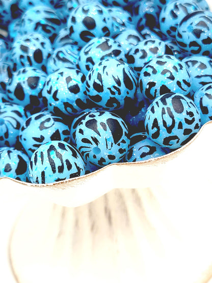 15mm Printed Blue Glitter Leopard Print Silicone Bead – Animal Print Round Beads for Pens & Wristlets